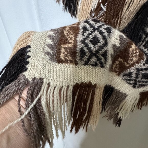 Fotrama 100% Alpaca Wool Brown Black Ivory Fringe Hem Knee Length Poncho Onesize - Picture 3 of 14